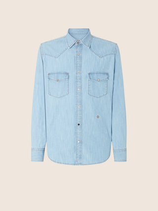 Westernhemd aus leichtem, hellblauem Denim mit Bleach-Waschung