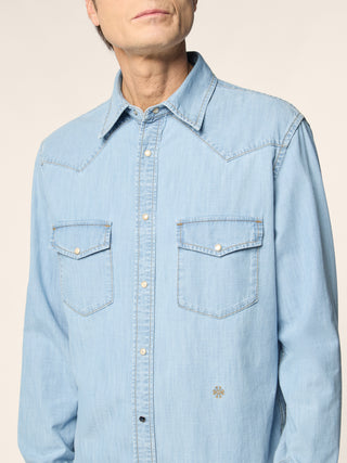 Western Shirt in Light Blue Lightweight Denim with Bleach Wash 4