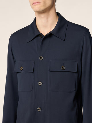 Overshirt in Navy Blue Wool and Nylon Stretch Twill 4