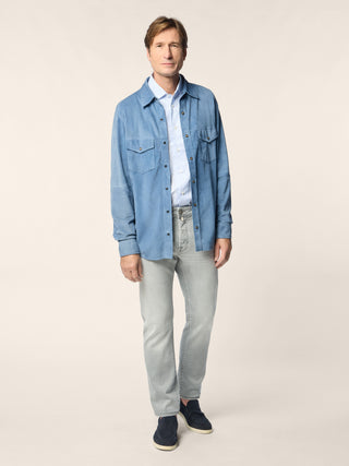 Bard Regular-Slim 5 Pocket Jeans in Light Grey Super Stretch Denim with Vintage Wash 3