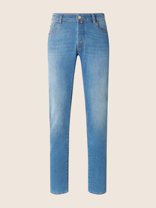 Bard Regular-Slim 5 Pocket Jeans in Medium Blue Super Stretch Denim with Vintage Wash