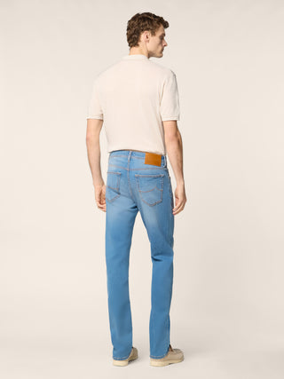 Bard Regular-Slim 5 Pocket Jeans in Medium Blue Super Stretch Denim with Vintage Wash 4