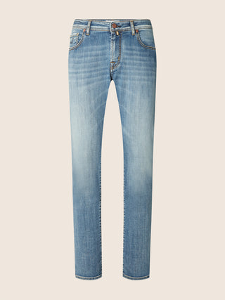 Bard Regular-Slim 5 Pocket Jeans in Medium Blue Super Stretch Denim with Vintage Wash