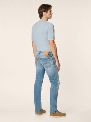 Bard Regular-Slim 5 Pocket Jeans in Medium Blue Super Stretch Denim with Vintage Wash 4