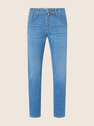 Scott Carrot Slim 5 Pocket Jeans in Light Blue Power Stretch Denim with Vintage Wash