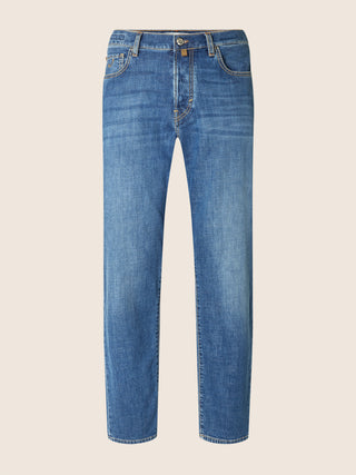 Edo Regular-Straight 5 Pocket Jeans in Medium Blue Comfort Denim with Vintage Wash
