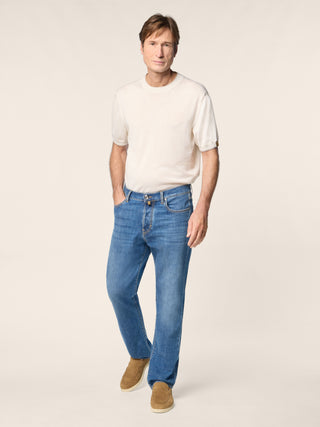 Edo Regular-Straight 5 Pocket Jeans in Medium Blue Comfort Denim with Vintage Wash 3