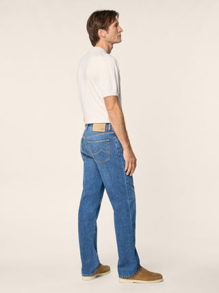 Edo Regular-Straight 5 Pocket Jeans in Medium Blue Comfort Denim with Vintage Wash 4