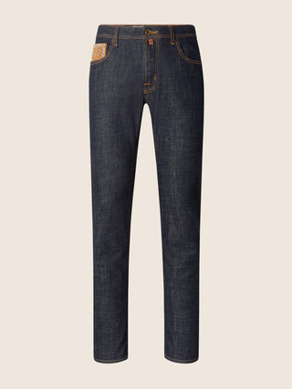 Bard Regular-Slim 5 Pocket Jeans in Dark Blue Stretch Denim with Internal Print and Rinse Wash