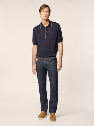 Bard Regular-Slim 5 Pocket Jeans in Dark Blue Stretch Denim with Internal Print and Rinse Wash 3