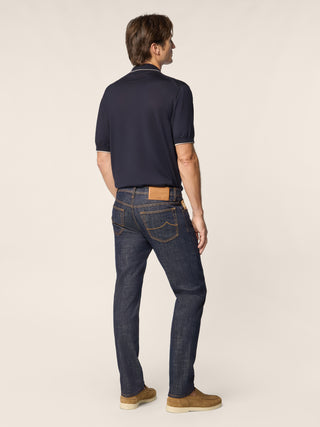 Bard Regular-Slim 5 Pocket Jeans in Dark Blue Stretch Denim with Internal Print and Rinse Wash 4