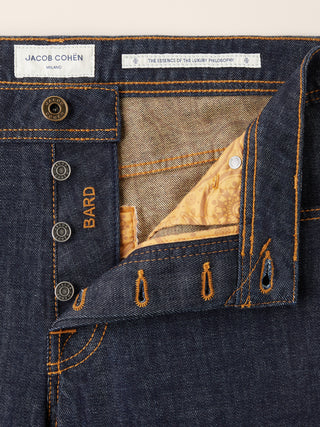 Bard Regular-Slim 5 Pocket Jeans in Dark Blue Stretch Denim with Internal Print and Rinse Wash 5