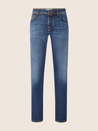Bard Regular-Slim 5 Pocket Jeans in Medium Blue Cotton and Silk Stretch Denim with Vintage Wash