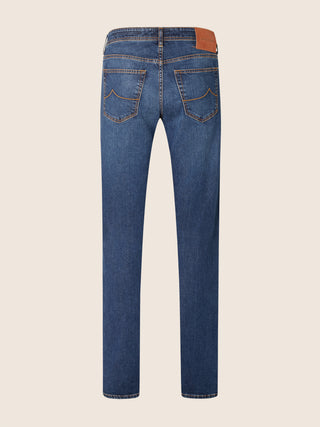 Bard Regular-Slim 5 Pocket Jeans in Medium Blue Cotton and Silk Stretch Denim with Vintage Wash 3
