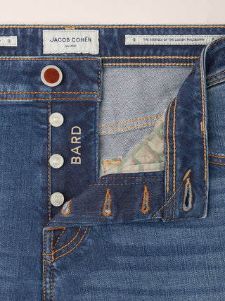 Bard Regular-Slim 5 Pocket Jeans in Medium Blue Cotton and Silk Stretch Denim with Vintage Wash 4
