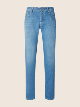 Bard Regular-Slim 5 Pocket Jeans in Light Blue Power Stretch Denim with Vintage Wash