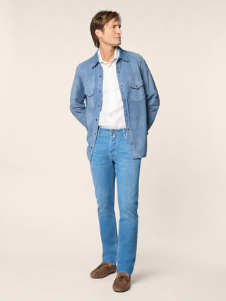 Bard Regular-Slim 5 Pocket Jeans in Light Blue Power Stretch Denim with Vintage Wash 3