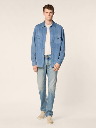 Bard LTD Regular-Slim 5 Pocket Jeans in Medium Blue Power Stretch Denim with Vintage Wash 3