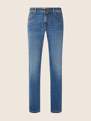 Nick Slim 5 Pocket Jeans in Medium Blue Super Stretch Soft Denim with Vintage Wash