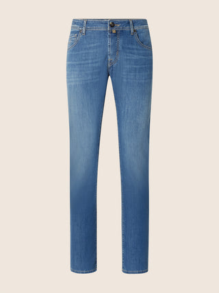 Nick Slim 5 Pocket Jeans in Medium Blue Power Stretch Denim with Vintage Wash