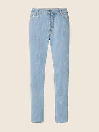 Sean Relaxed-Straight 5 Pocket Jeans in Light Blue Striped Denim with Bleach Wash