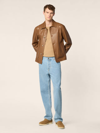 Sean Relaxed-Straight 5 Pocket Jeans in Light Blue Striped Denim with Bleach Wash 3