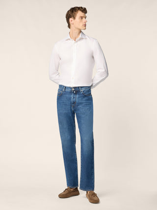 Edo Regular-Straight 5 Pocket Jeans in Dark Blue Denim with Vintage Wash 3