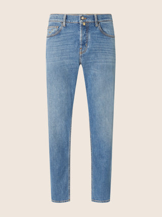Jude Tapered 5 Pocket Jeans in Medium Blue Comfort Denim with Vintage Wash