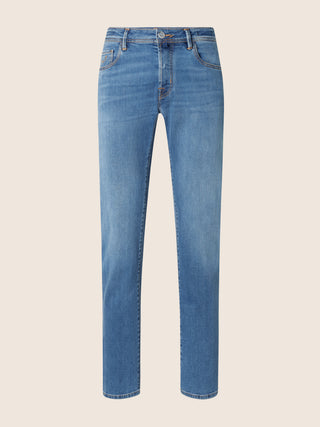 Bard Regular-Slim 5 Pocket Jeans in Medium Blue Super Stretch Soft Denim with Vintage Wash