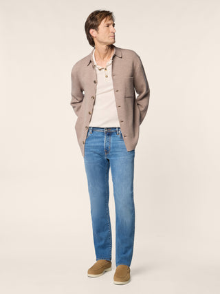 Bard Regular-Slim 5 Pocket Jeans in Medium Blue Super Stretch Soft Denim with Vintage Wash 3