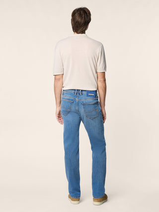 Bard Regular-Slim 5 Pocket Jeans in Medium Blue Super Stretch Soft Denim with Vintage Wash 4
