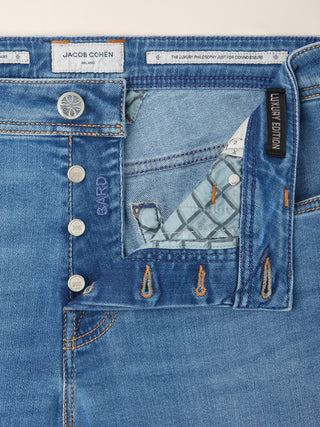 Bard Regular-Slim 5 Pocket Jeans in Medium Blue Super Stretch Soft Denim with Vintage Wash 5