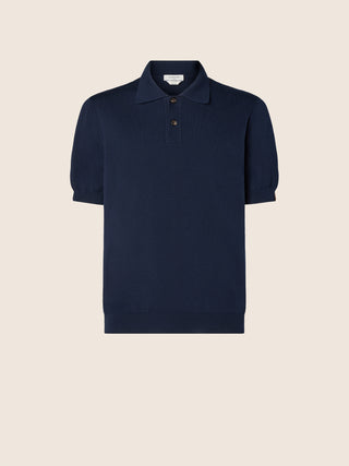 Short-Sleeve Polo Shirt in Navy Blue Brushed Cotton