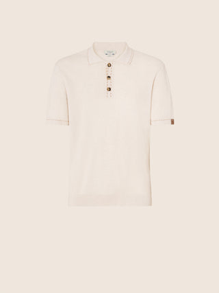 Short-Sleeve Polo Shirt in White Melange Brushed Cotton