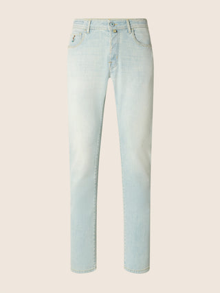 Bard Regular-Slim 5 Pocket Jeans in Light Blue Power Stretch Denim with Vintage Wash