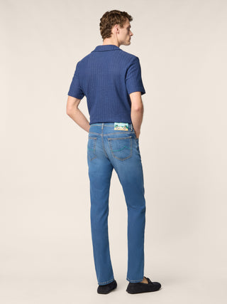 Bard LTD Regular-Slim 5 Pocket Jeans in Medium Blue Power Stretch Denim with Vintage Wash 4