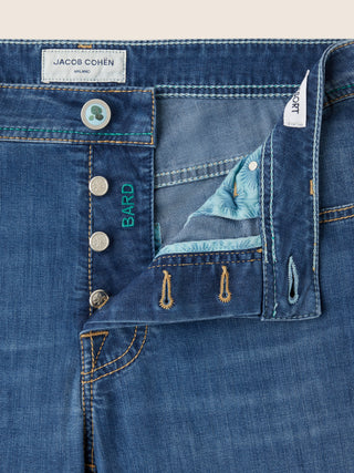 Bard LTD Regular-Slim 5 Pocket Jeans in Medium Blue Power Stretch Denim with Vintage Wash 5