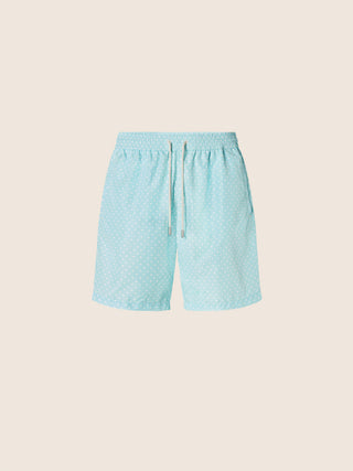 Bade-Bermudashorts aus Funktionsgewebe mit Punkt-Motiv in Azurblau und Weiß
