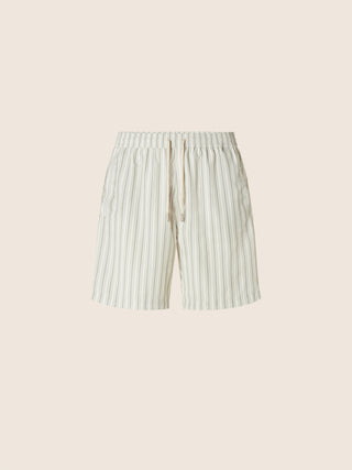 Bade-Bermudashorts aus technischem Seersucker mit Streifen in Beige und Weiß