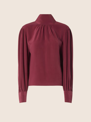 Blusa con lazo de crepé de China de seda color burdeos 1