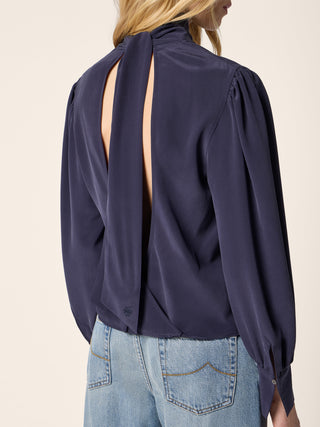 Bow-Tie Blouse in Blue Silk Crêpe de Chine 4