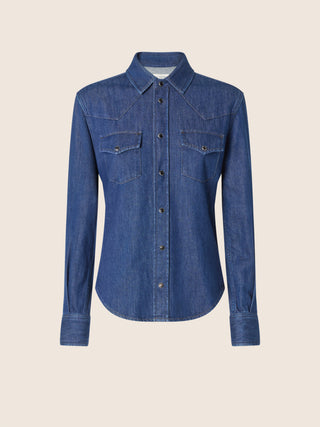 Lightweight Western Shirt in Medium Blue Denim with Stone Wash 1