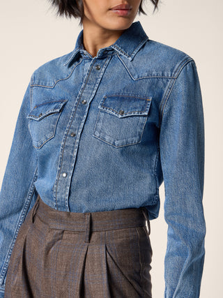 Lightweight Western Shirt in Light Blue Denim with Stone Wash 4