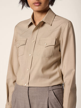 Western Shirt in Camel Brown Lightweight Wool-Cashmere Canvas 4