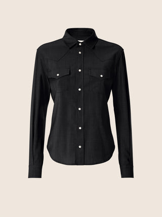 Western Shirt in Navy Blue Brown Lightweight Wool-Cashmere Canvas 1