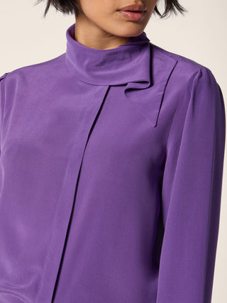 Scarf-Neck Shirt in Purple Silk Crêpe de Chine 4