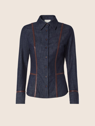 Shirt in Lightweight Dark Blue Denim with Rinse Wash and Nappa Leather Trims