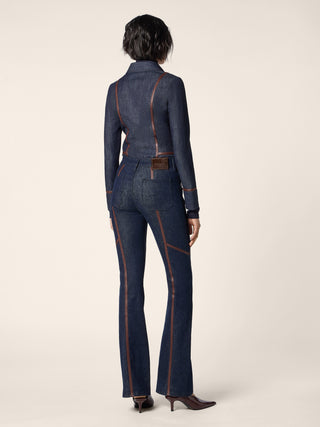 Shirt in Lightweight Dark Blue Denim with Rinse Wash and Nappa Leather Trims 3