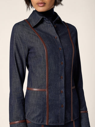Shirt in Lightweight Dark Blue Denim with Rinse Wash and Nappa Leather Trims 4