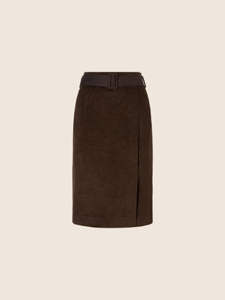 Wrapover Skirt in Brown Cotton and Cashmere Corduroy with Leather Belt 1